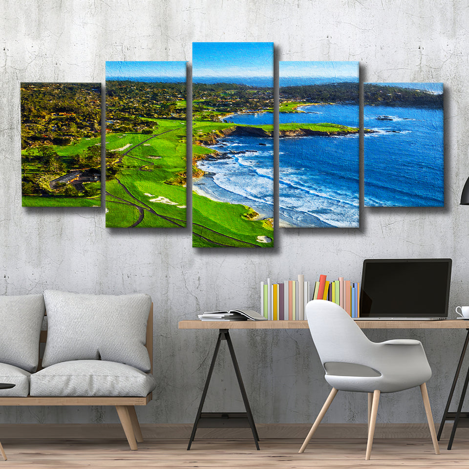 Pebble Beach Golf Links Painting V1, California, Golf Art Print, Mixed 5 Panel, Canvas Prints Wall Art