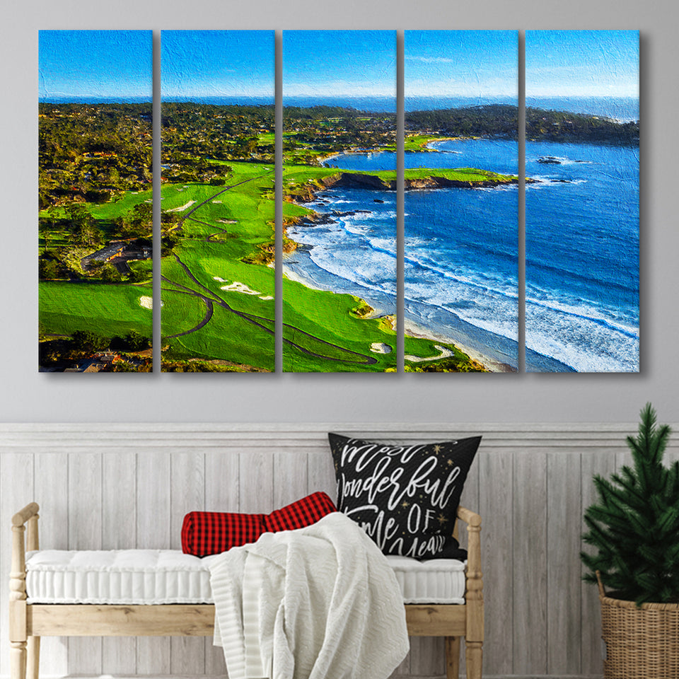 Pebble Beach Golf Links Painting V1, California, Golf Art Print, Extra Large 5 Panel, Canvas Prints Wall Art