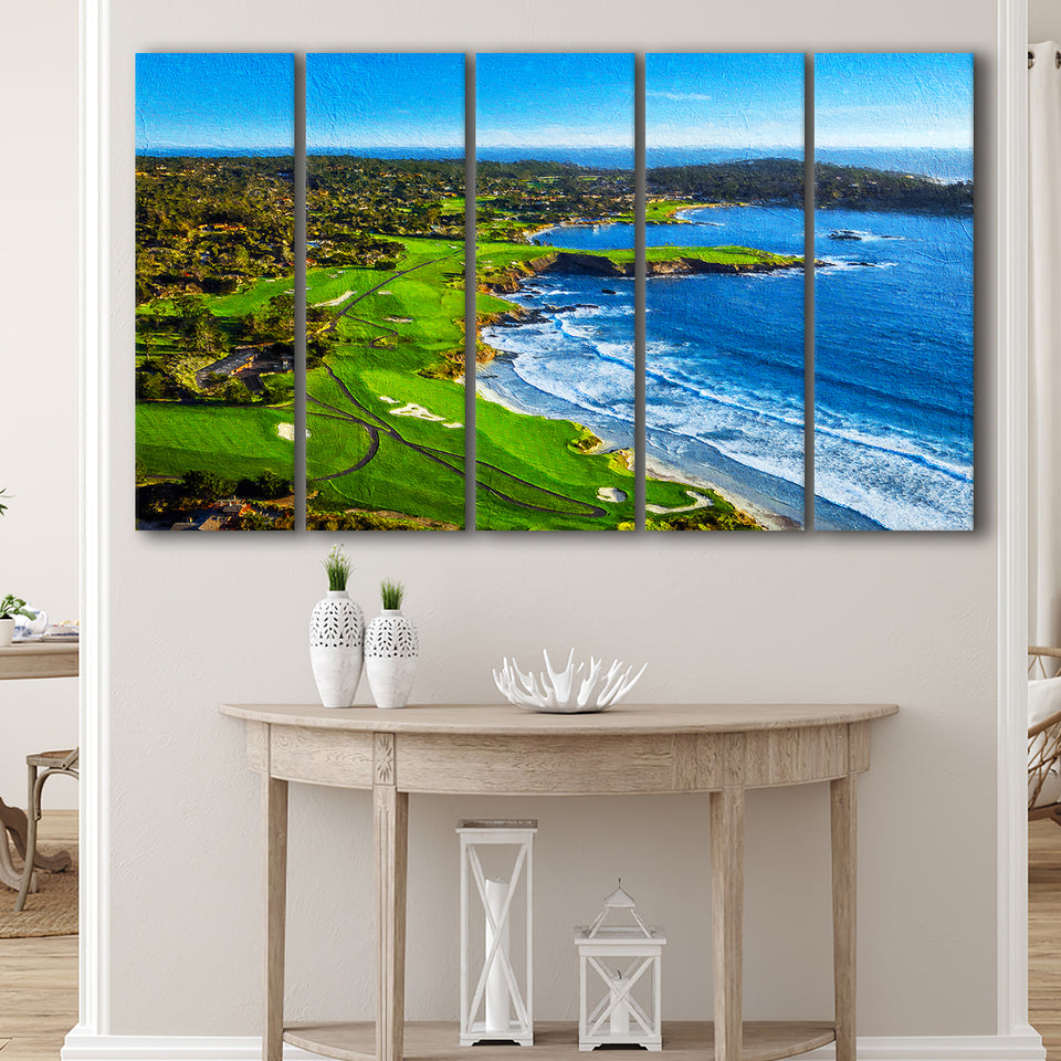 Pebble Beach Golf Links Painting V1, California, Golf Art Print, Extra Large 5 Panel, Canvas Prints Wall Art