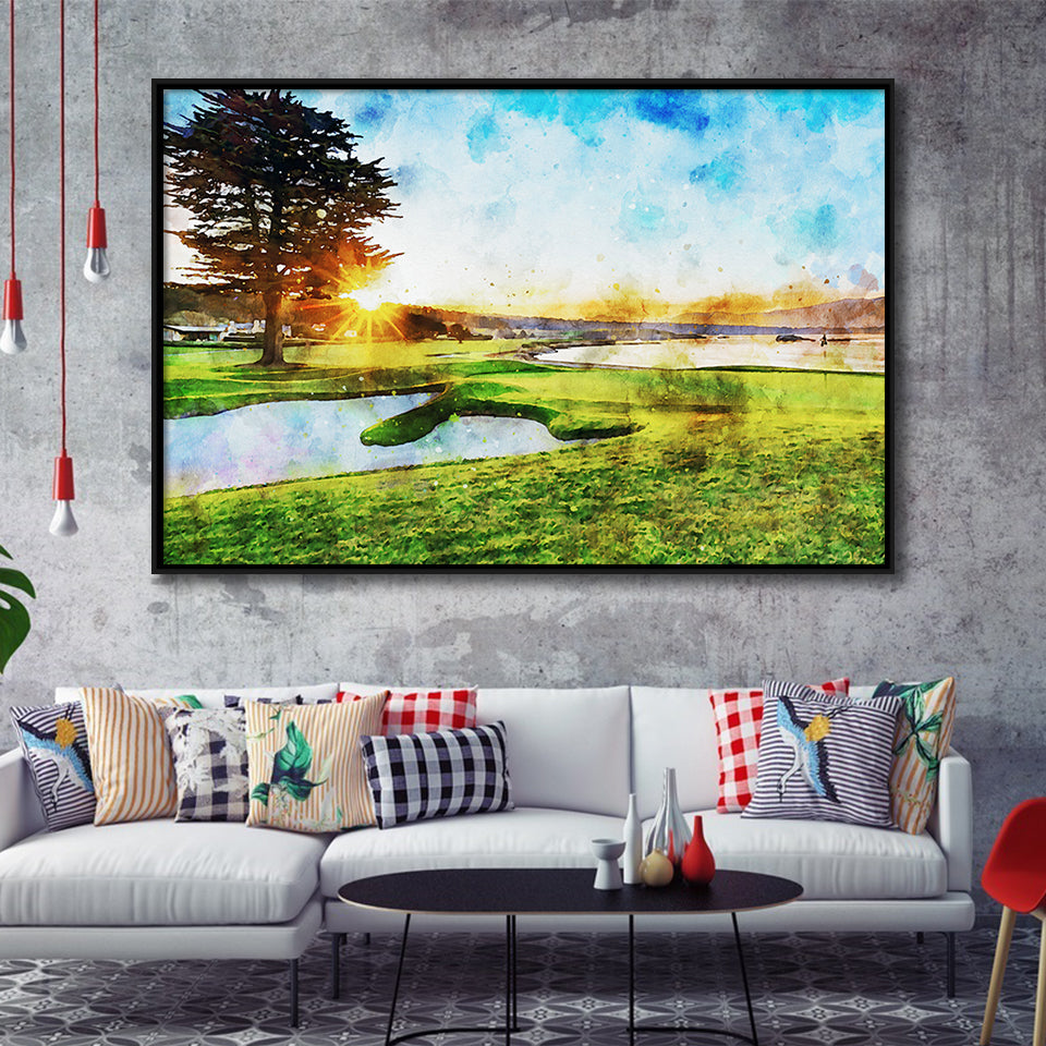 Pebble Beach Golf Resort, Sunrise On Hole 18, Golf Art Print, Gift for him, Framed Canvas Prints Wall Art