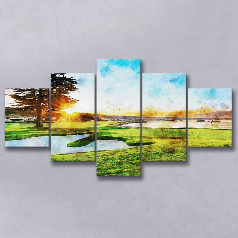 Pebble Beach Golf Resort, Sunrise On Hole 18, Golf Art Print, Mixed 5 Panel, Canvas Prints Wall Art