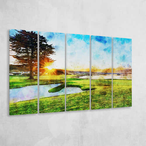 Pebble Beach Golf Resort, Sunrise On Hole 18, Golf Art Print, Extra Large 5 Panel, Canvas Prints Wall Art