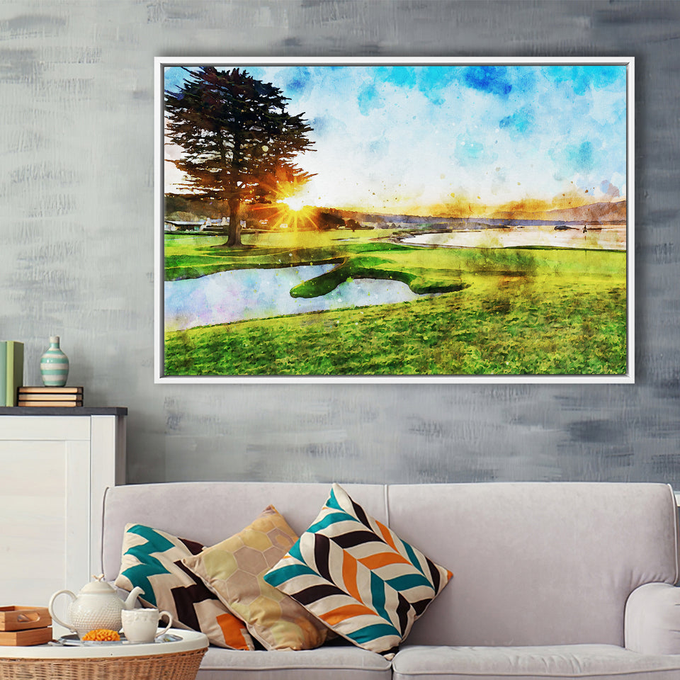 Pebble Beach Golf Resort, Sunrise On Hole 18, Golf Art Print, Gift for him, Framed Canvas Prints Wall Art