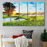 Pebble Beach Golf Resort, Sunrise On Hole 18, Golf Art Print, Extra Large 5 Panel, Canvas Prints Wall Art
