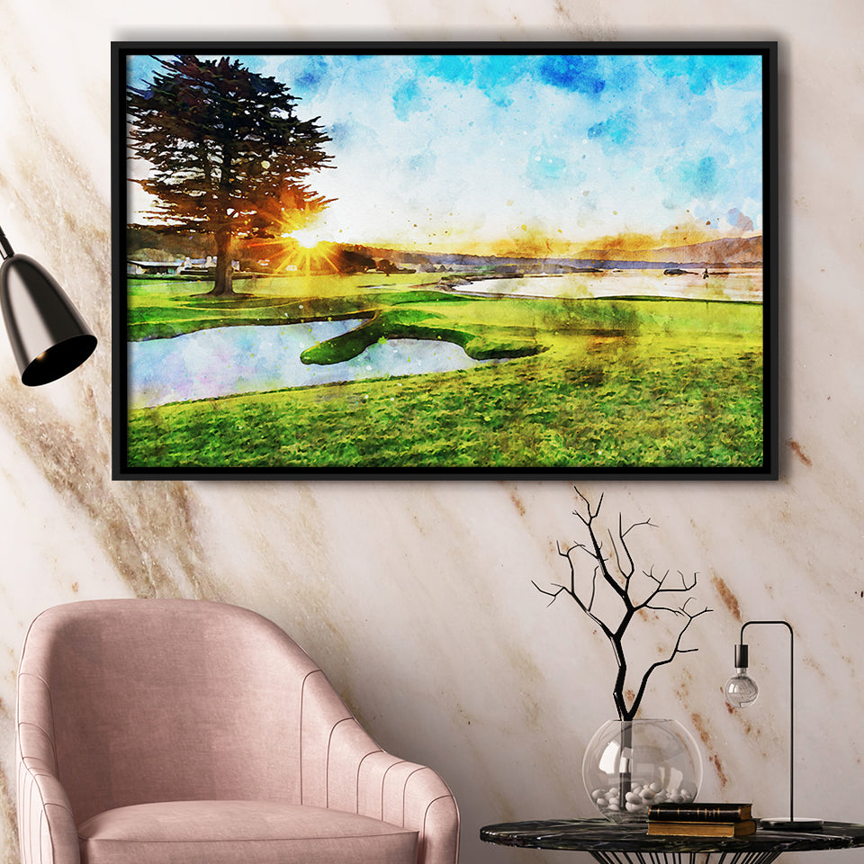 Pebble Beach Golf Resort, Sunrise On Hole 18, Golf Art Print, Gift for him, Framed Canvas Prints Wall Art