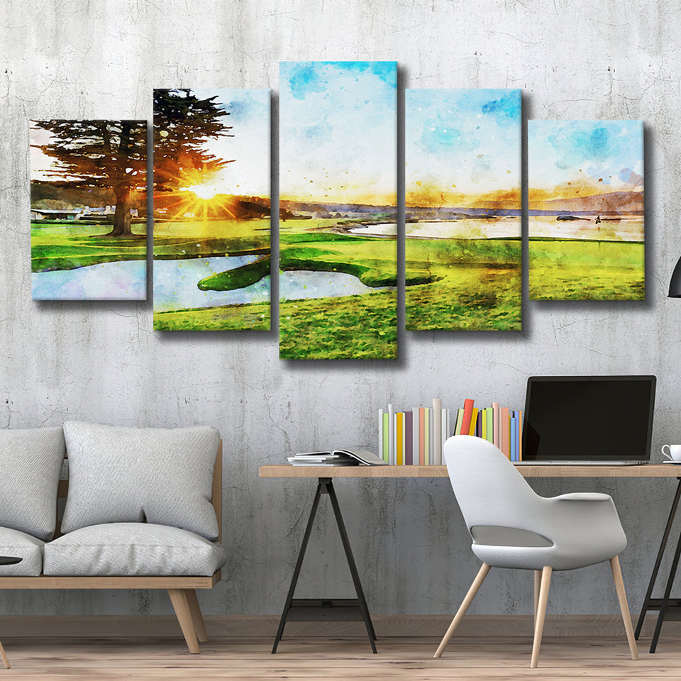 Pebble Beach Golf Resort, Sunrise On Hole 18, Golf Art Print, Mixed 5 Panel, Canvas Prints Wall Art