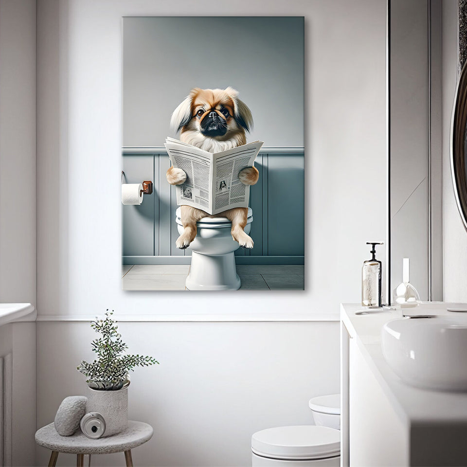 Pekingese Canvas Prints Wall Art, Funny Bathroom Decor, Animal in toilet