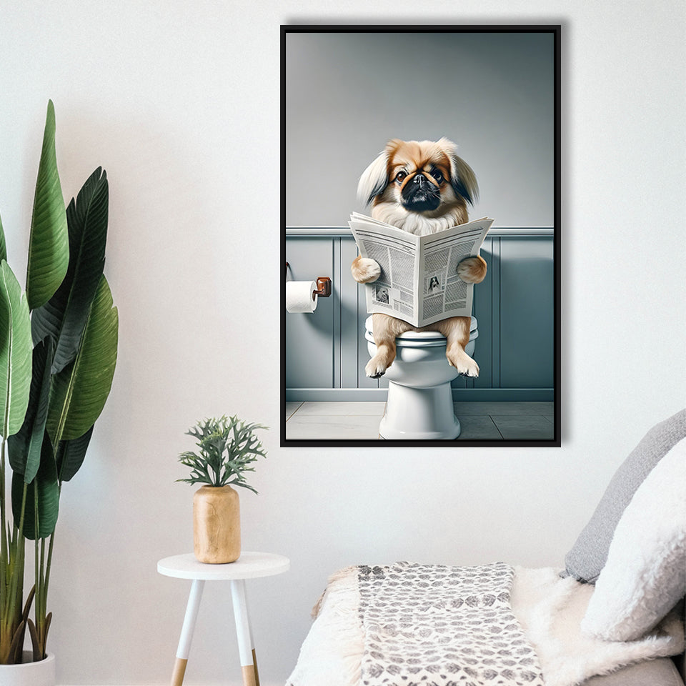 Pekingese Framed Canvas Prints Wall Art, Funny Bathroom Decor, Animal In Toilet