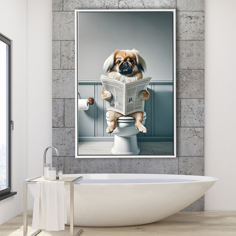 Pekingese Framed Canvas Prints Wall Art, Funny Bathroom Decor, Animal In Toilet
