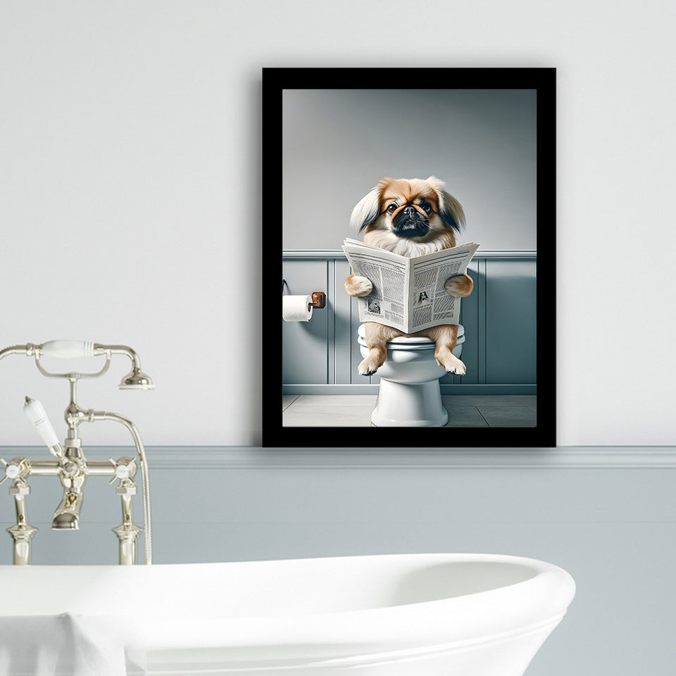 Pekingese Framed Art Print Wall Decor, Funny Bathroom Decor, Animal In Toilet
