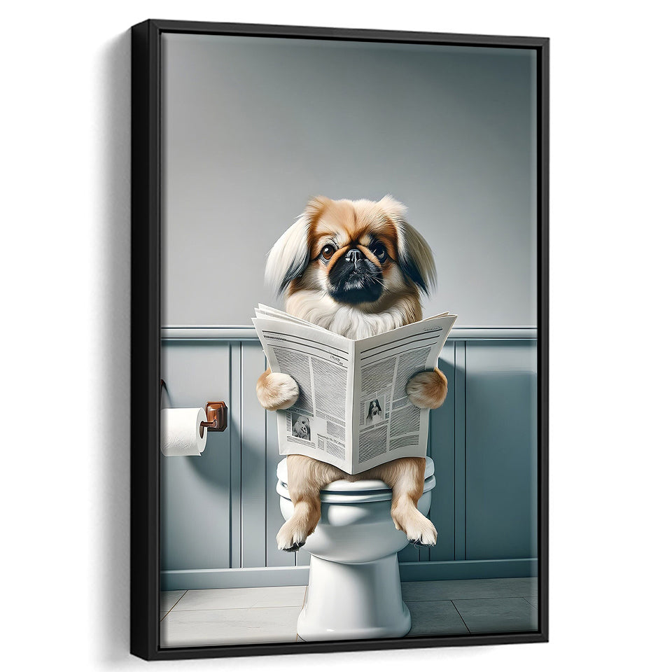 Pekingese Framed Canvas Prints Wall Art, Funny Bathroom Decor, Animal In Toilet