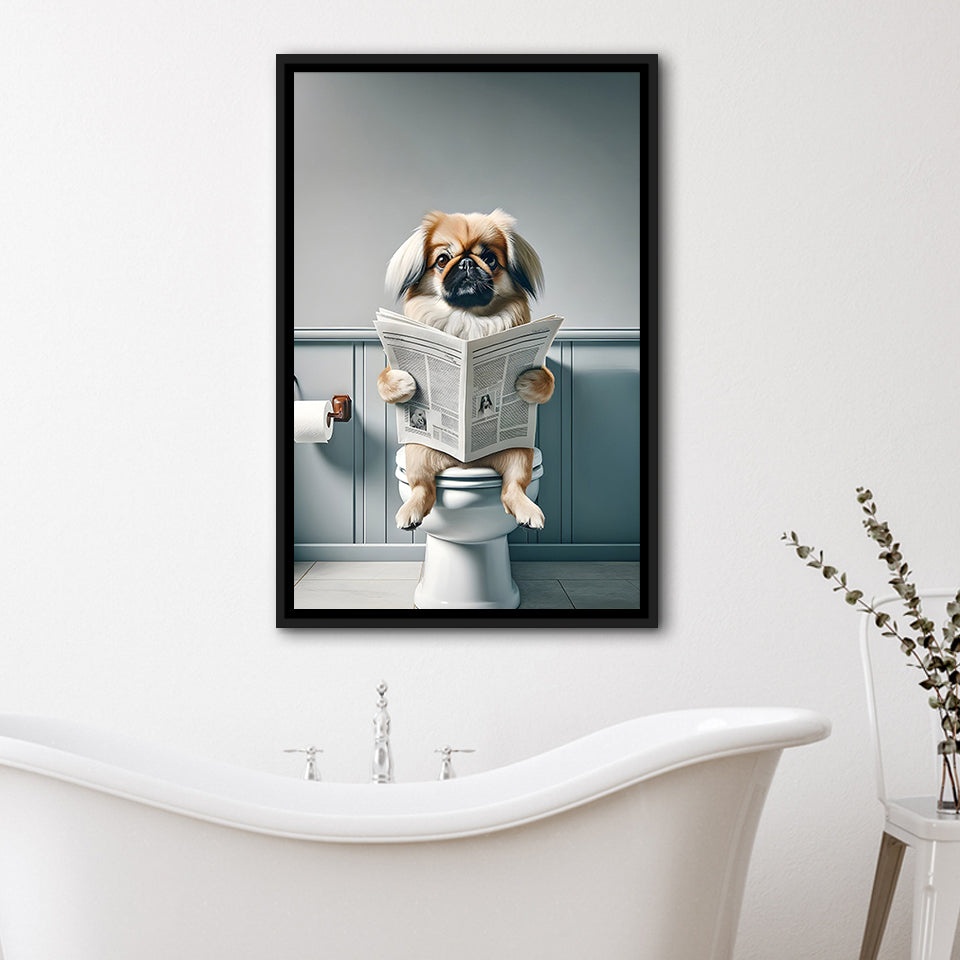 Pekingese Framed Canvas Prints Wall Art, Funny Bathroom Decor, Animal In Toilet