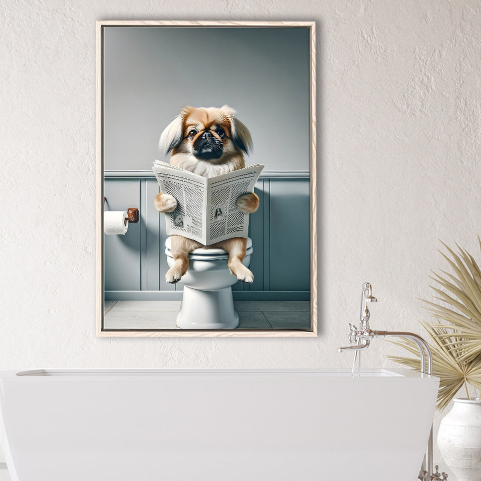 Pekingese Framed Canvas Prints Wall Art, Funny Bathroom Decor, Animal In Toilet