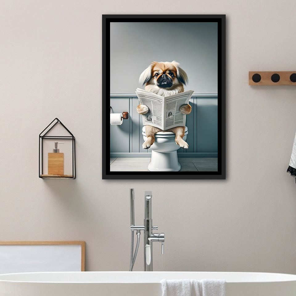 Pekingese Framed Canvas Prints Wall Art, Funny Bathroom Decor, Animal In Toilet