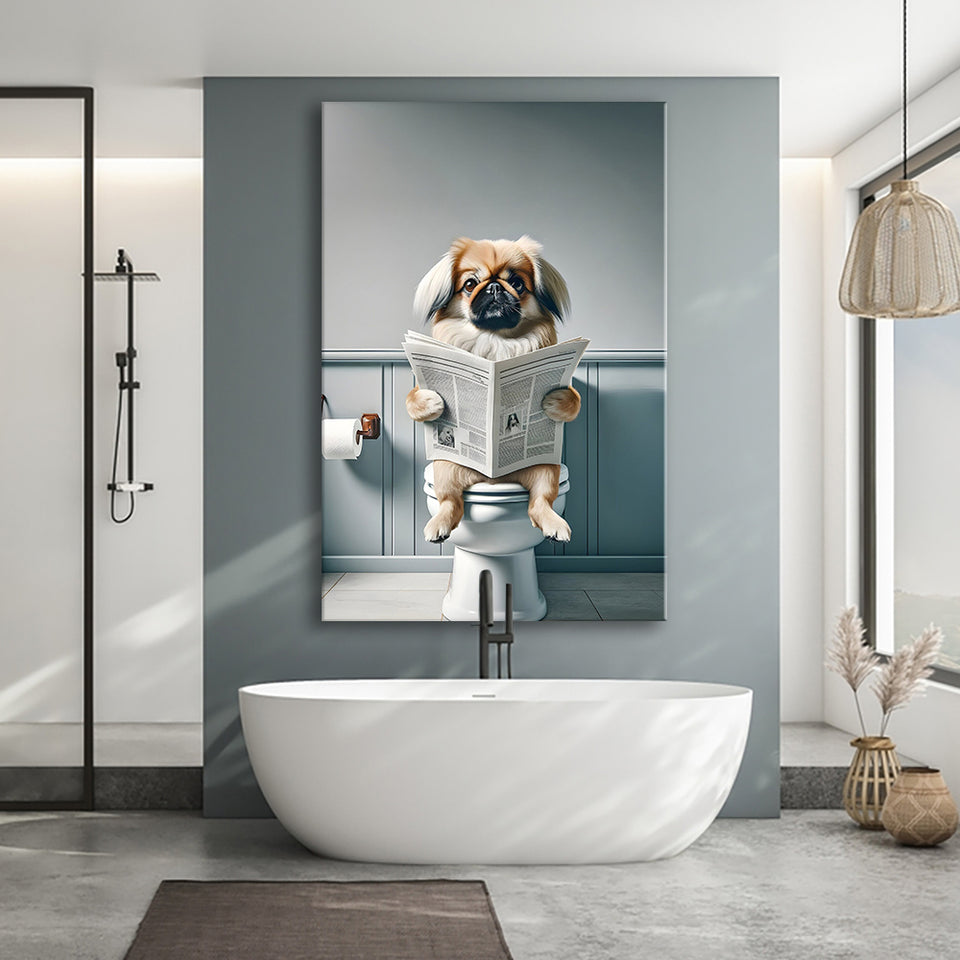 Pekingese Canvas Prints Wall Art, Funny Bathroom Decor, Animal in toilet