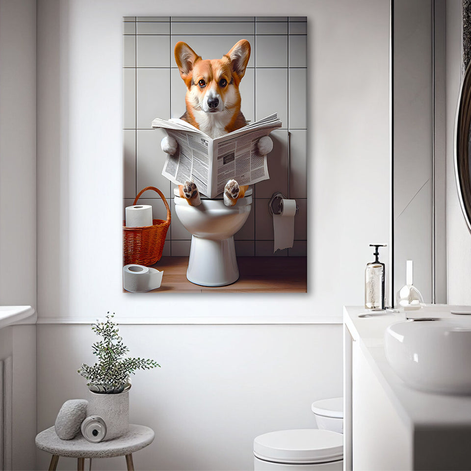 Pembroke Welsh Corgi Art Canvas Prints Wall Art, Funny Bathroom Decor, Dog in Toilet