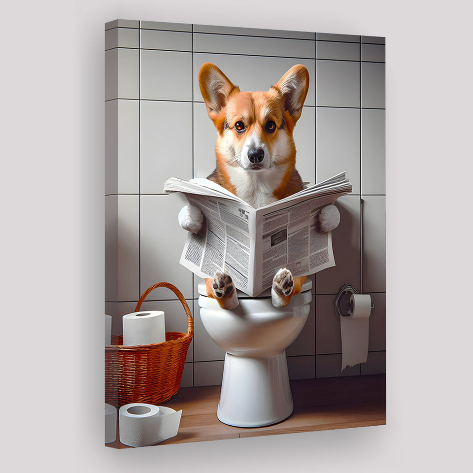 Pembroke Welsh Corgi Art Canvas Prints Wall Art, Funny Bathroom Decor, Dog in Toilet