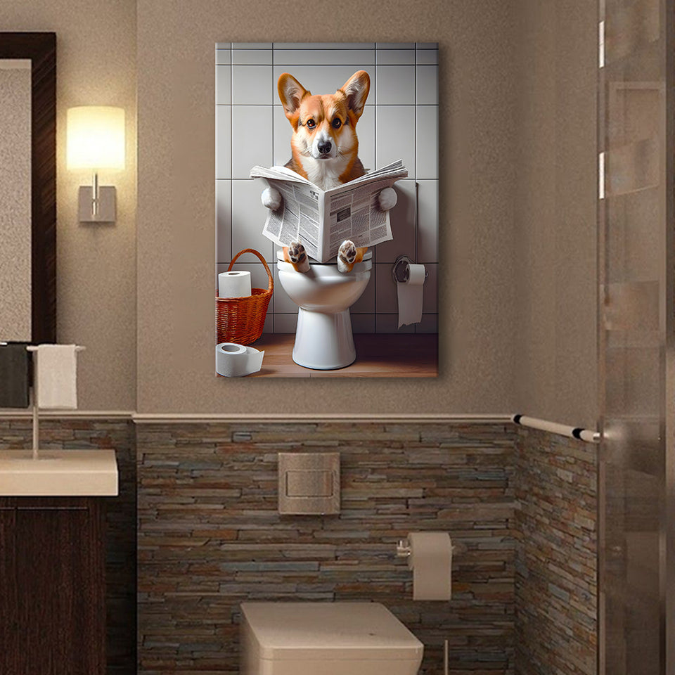 Pembroke Welsh Corgi Art Canvas Prints Wall Art, Funny Bathroom Decor, Dog in Toilet