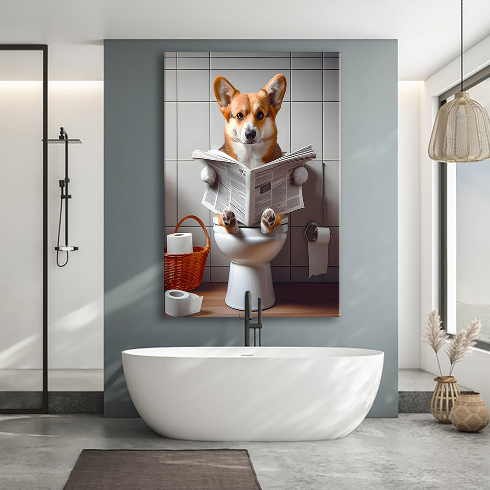 Pembroke Welsh Corgi Art Canvas Prints Wall Art, Funny Bathroom Decor, Dog in Toilet
