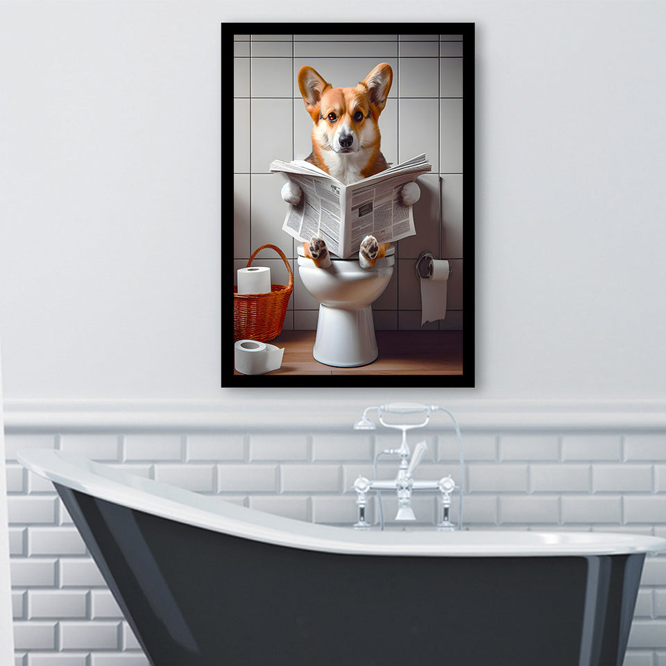 Pembroke Welsh Corgi Art Framed Art Print Wall Decor, Funny Bathroom Decor, Dog In Toilet