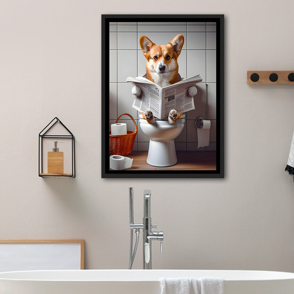 Pembroke Welsh Corgi Art Framed Canvas Prints Wall Art, Funny Bathroom Decor, Dog In Toilet
