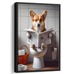 Pembroke Welsh Corgi Art Framed Canvas Prints Wall Art, Funny Bathroom Decor, Dog In Toilet