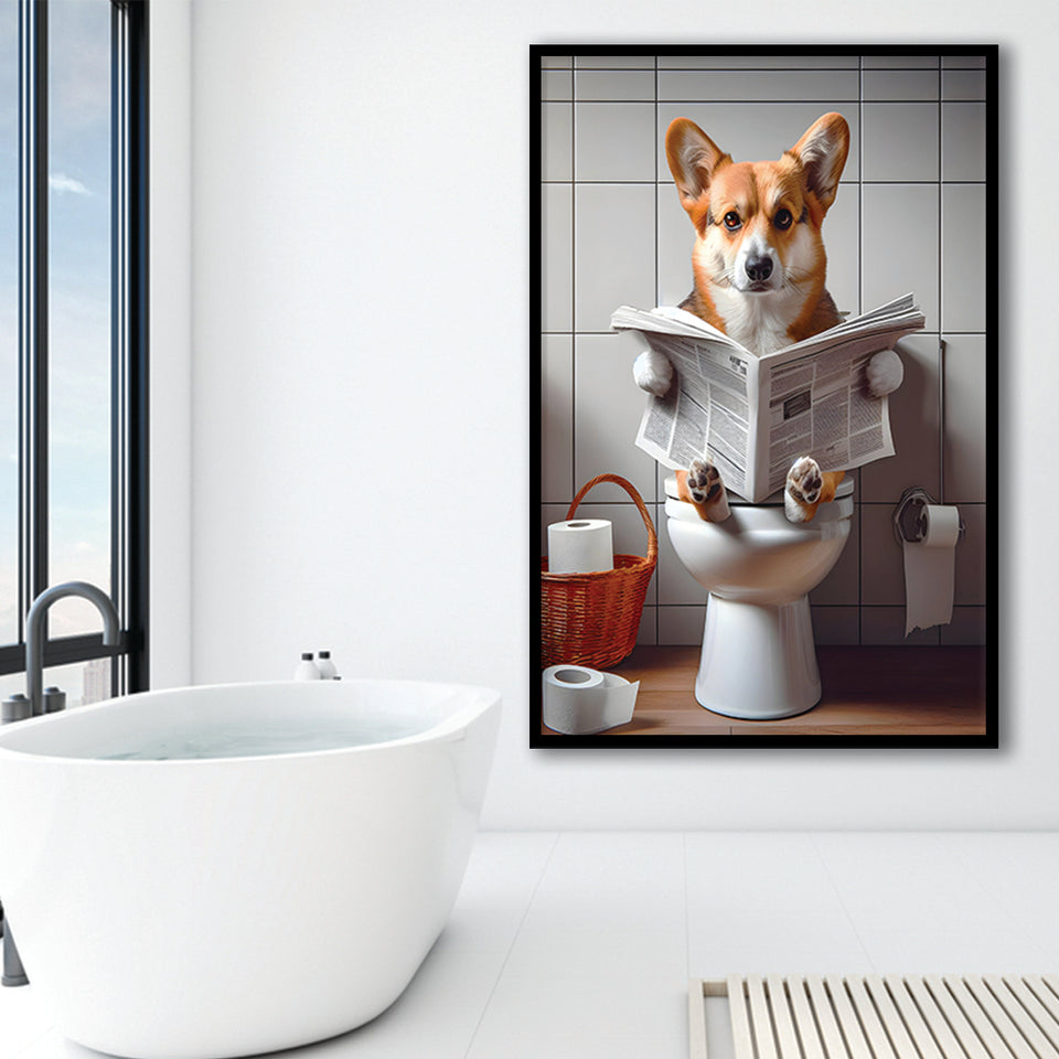 Pembroke Welsh Corgi Art Framed Art Print Wall Decor, Funny Bathroom Decor, Dog In Toilet