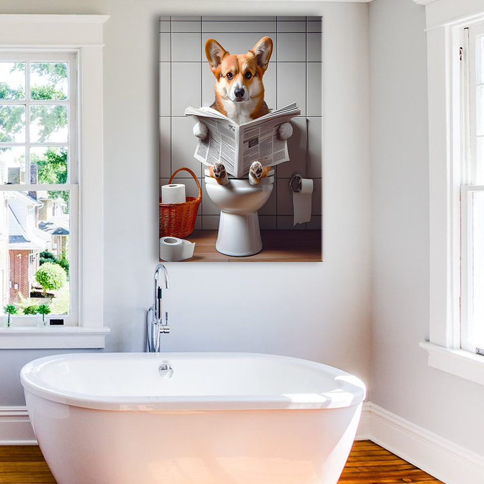 Pembroke Welsh Corgi Art Canvas Prints Wall Art, Funny Bathroom Decor, Dog in Toilet