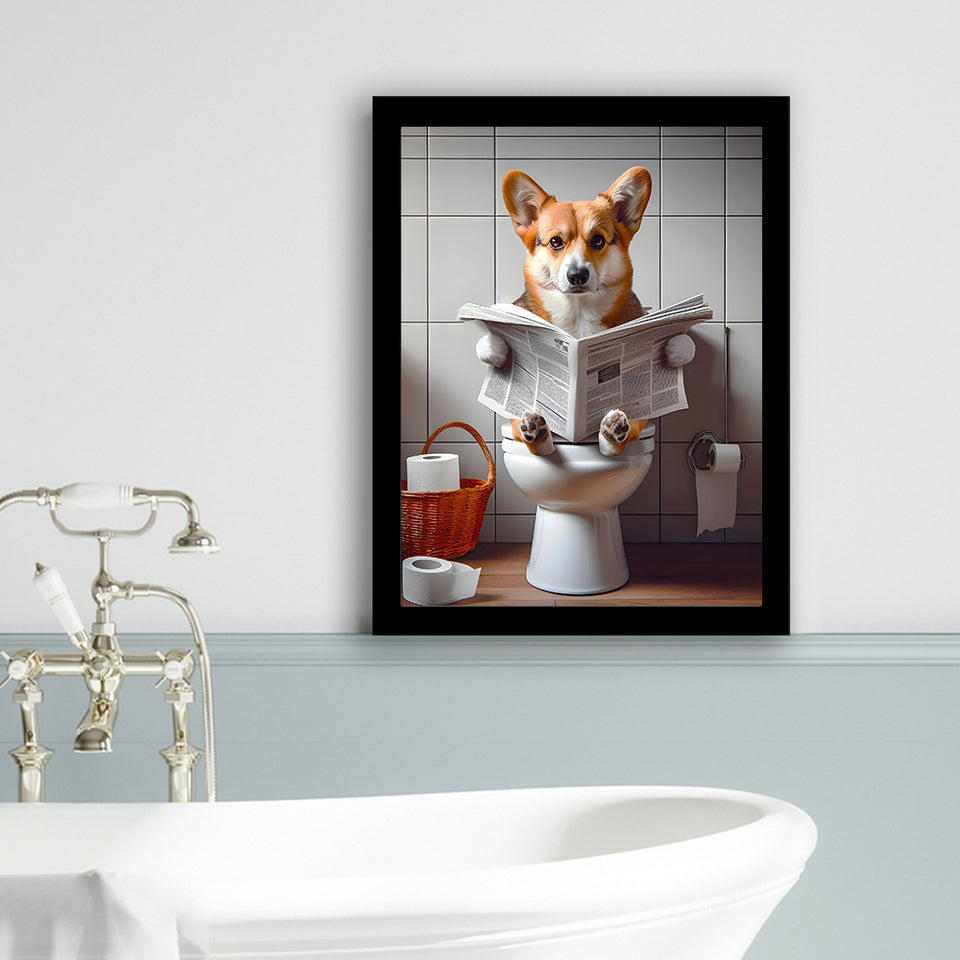 Pembroke Welsh Corgi Art Framed Art Print Wall Decor, Funny Bathroom Decor, Dog In Toilet