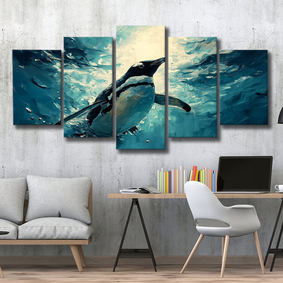 Penguin In The Blue Sea Ocean Acrylic Painting, Multi Panel,Mixed Canvas Print Wall Art Decor