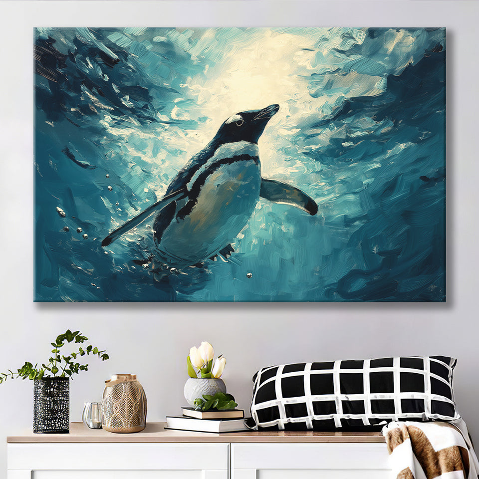 Penguin In The Blue Sea Ocean Acrylic Painting, Art Print, Canvas Print Wall Art Home Decor