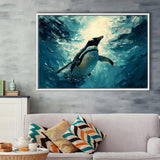 Penguin In The Blue Sea Ocean Acrylic Painting, Floating Frame, Framed Canvas Print Wall Art Home Decor