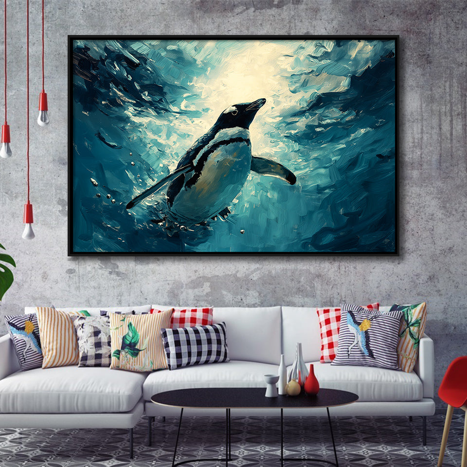 Penguin In The Blue Sea Ocean Acrylic Painting, Floating Frame, Framed Canvas Print Wall Art Home Decor