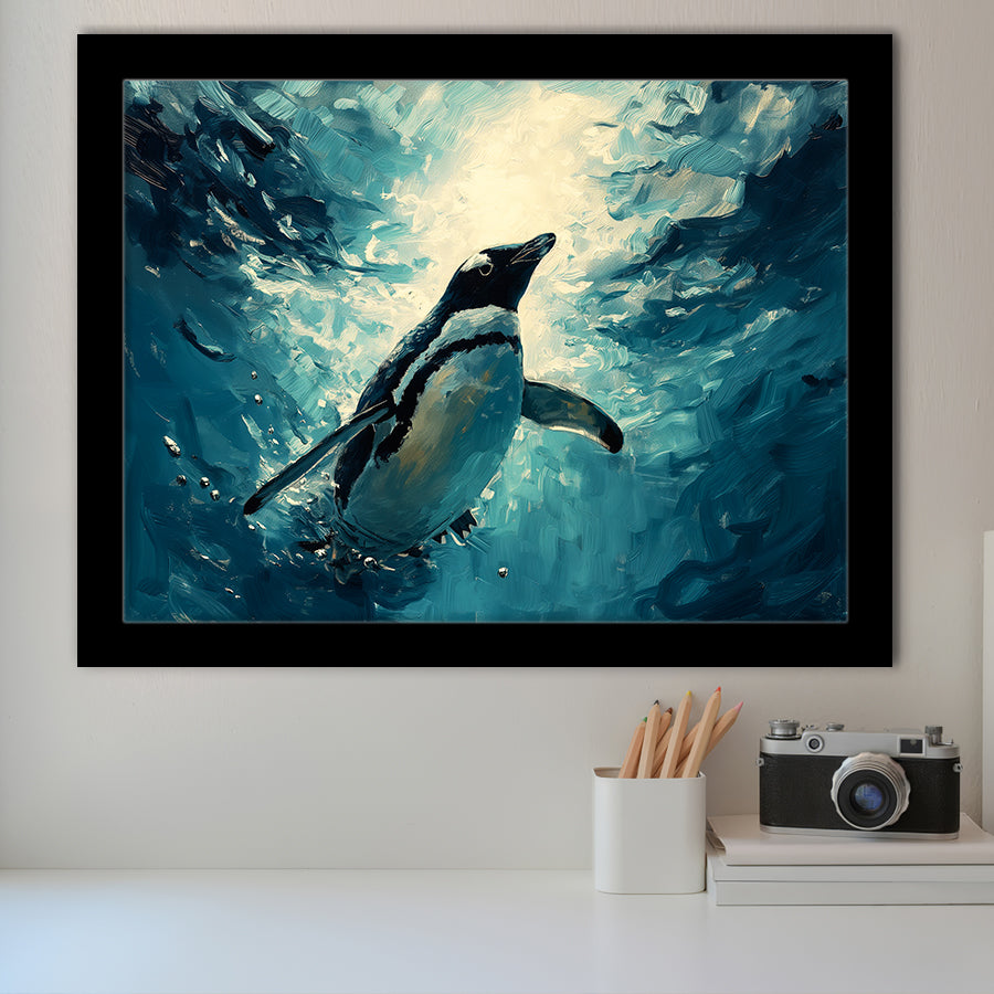 Penguin In The Blue Sea Ocean Acrylic Painting, Painting Art, Framed Art Print Wall Art Home Decor