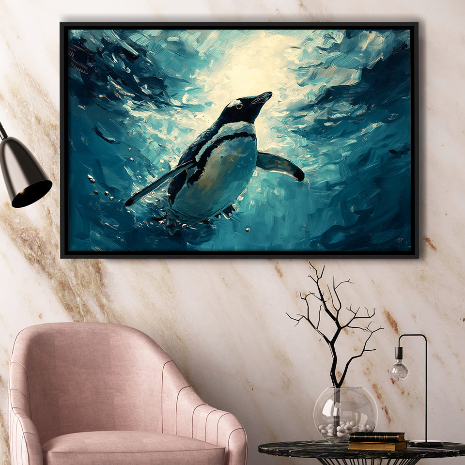 Penguin In The Blue Sea Ocean Acrylic Painting, Floating Frame, Framed Canvas Print Wall Art Home Decor