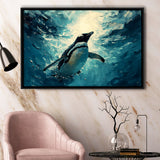 Penguin In The Blue Sea Ocean Acrylic Painting, Floating Frame, Framed Canvas Print Wall Art Home Decor
