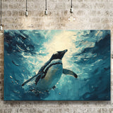 Penguin In The Blue Sea Ocean Acrylic Painting, Art Print, Canvas Print Wall Art Home Decor