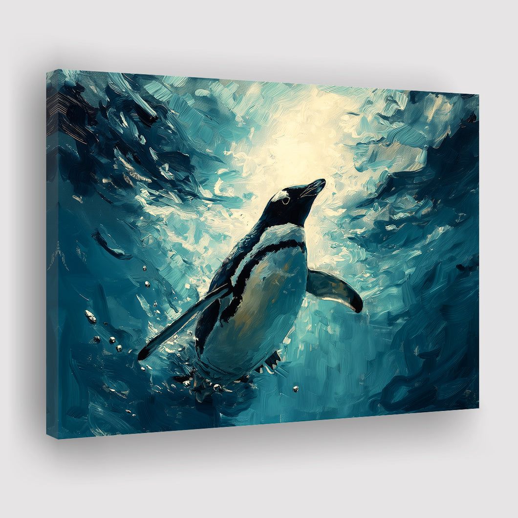 Penguin In The Blue Sea Ocean Acrylic Painting, Art Print, Canvas Print Wall Art Home Decor