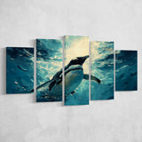 Penguin In The Blue Sea Ocean Acrylic Painting, Multi Panel,Mixed Canvas Print Wall Art Decor