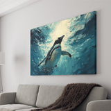 Penguin In The Blue Sea Ocean Acrylic Painting, Art Print, Canvas Print Wall Art Home Decor