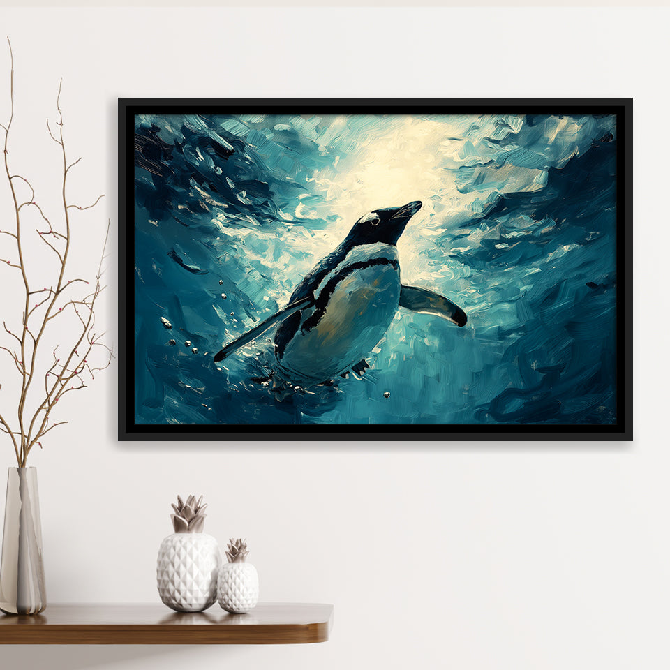 Penguin In The Blue Sea Ocean Acrylic Painting, Floating Frame, Framed Canvas Print Wall Art Home Decor