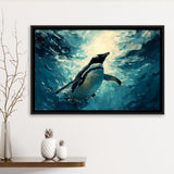 Penguin In The Blue Sea Ocean Acrylic Painting, Floating Frame, Framed Canvas Print Wall Art Home Decor