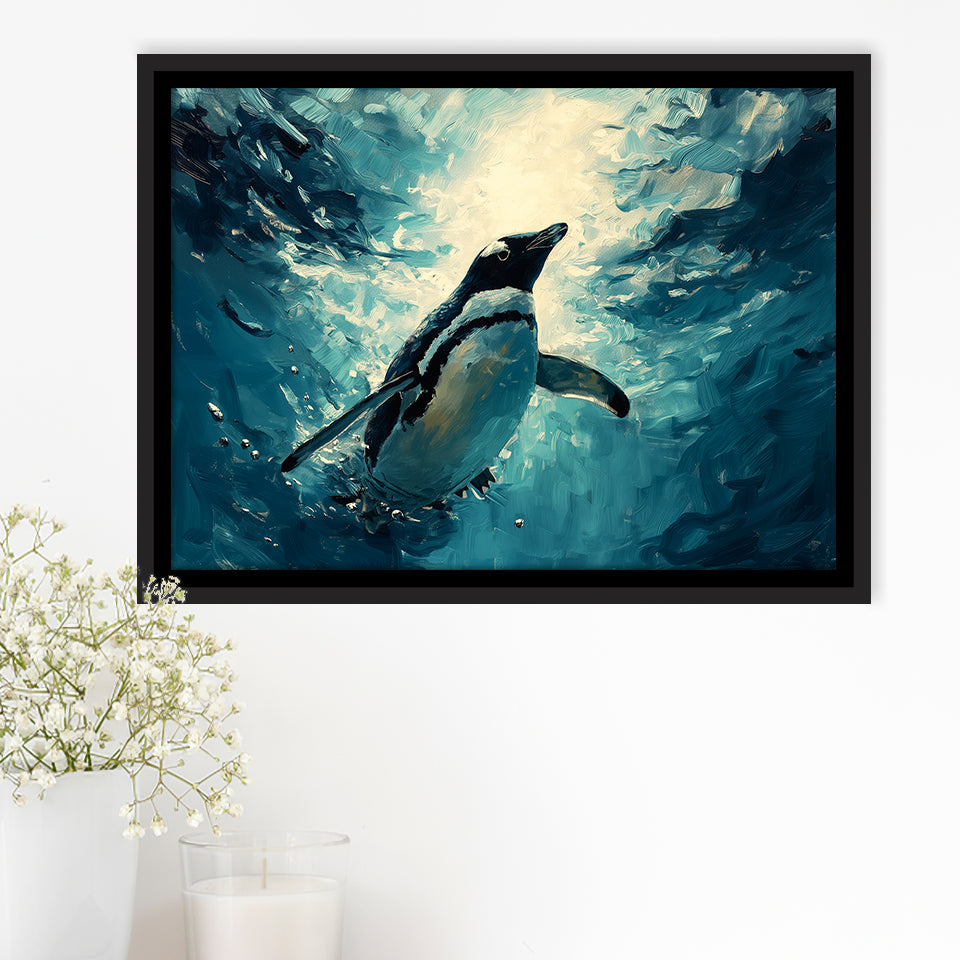 Penguin In The Blue Sea Ocean Acrylic Painting, Floating Frame, Framed Canvas Print Wall Art Home Decor
