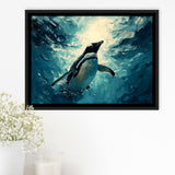 Penguin In The Blue Sea Ocean Acrylic Painting, Floating Frame, Framed Canvas Print Wall Art Home Decor
