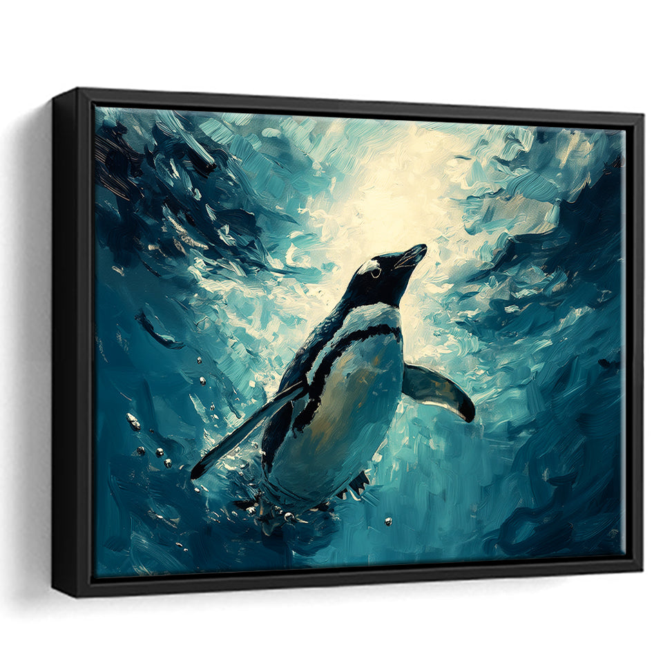 Penguin In The Blue Sea Ocean Acrylic Painting, Floating Frame, Framed Canvas Print Wall Art Home Decor