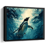 Penguin In The Blue Sea Ocean Acrylic Painting, Floating Frame, Framed Canvas Print Wall Art Home Decor