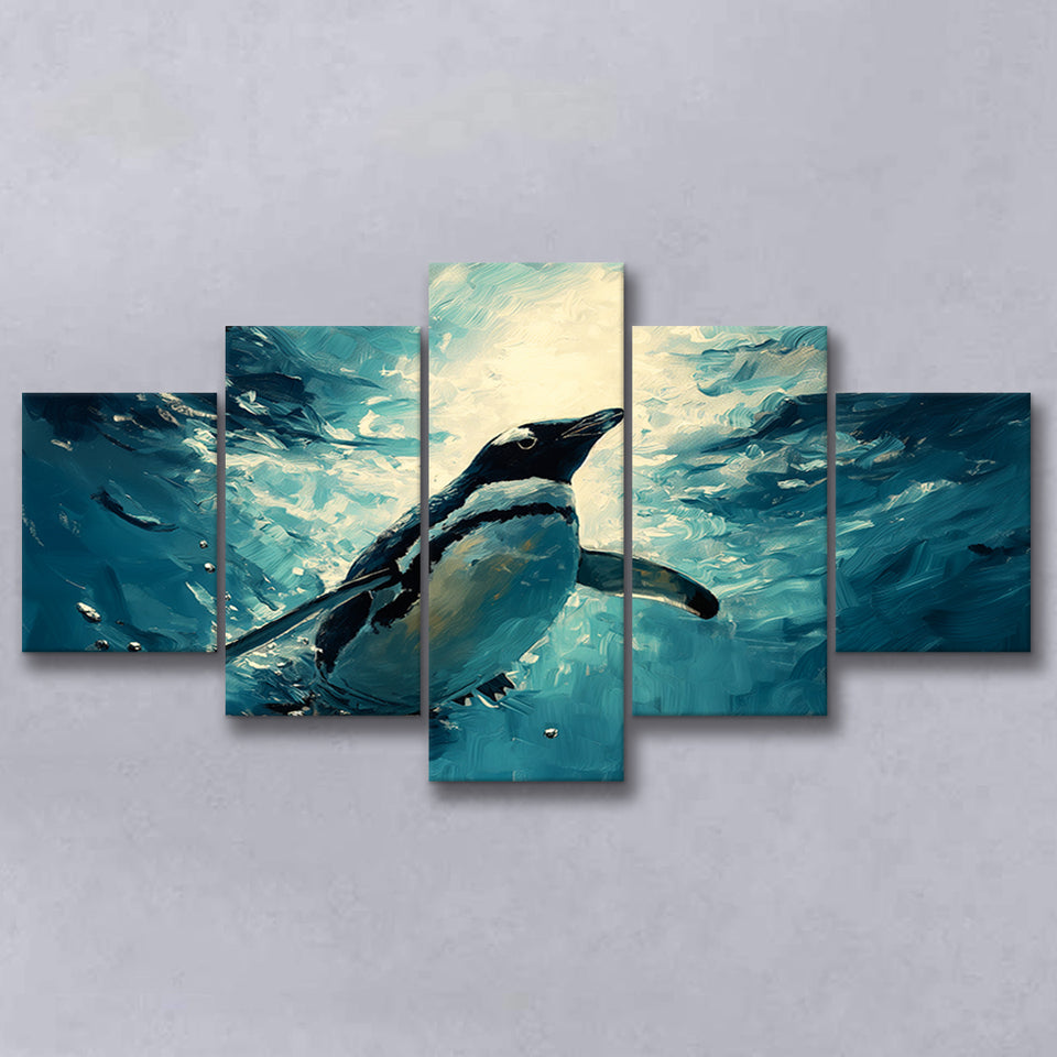 Penguin In The Blue Sea Ocean Acrylic Painting, Multi Panel,Mixed Canvas Print Wall Art Decor
