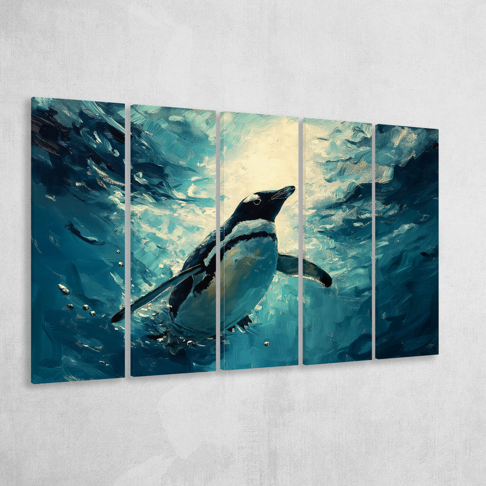 Penguin In The Blue Sea Ocean Acrylic Painting, Extra Large Canvas, Canvas Print Wall Art Decor