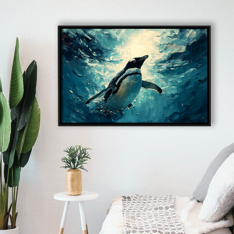 Penguin In The Blue Sea Ocean Acrylic Painting, Floating Frame, Framed Canvas Print Wall Art Home Decor