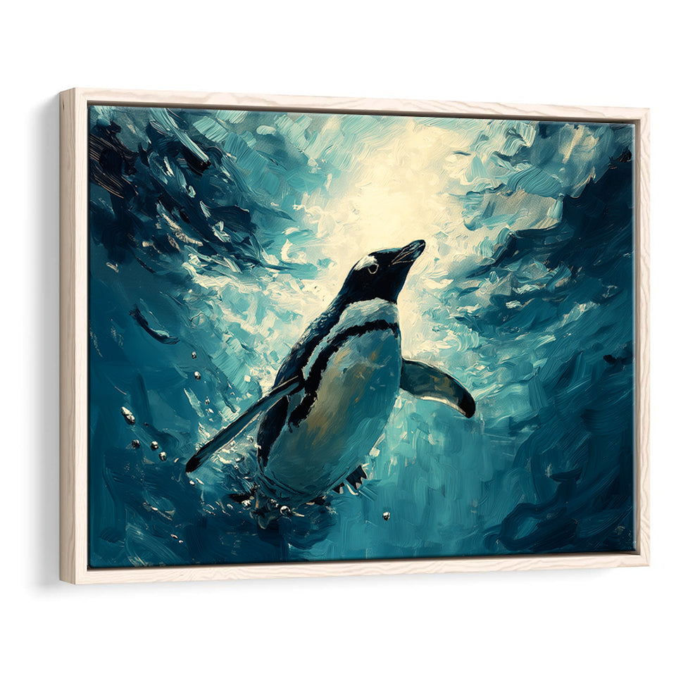Penguin In The Blue Sea Ocean Acrylic Painting, Floating Frame, Framed Canvas Print Wall Art Home Decor